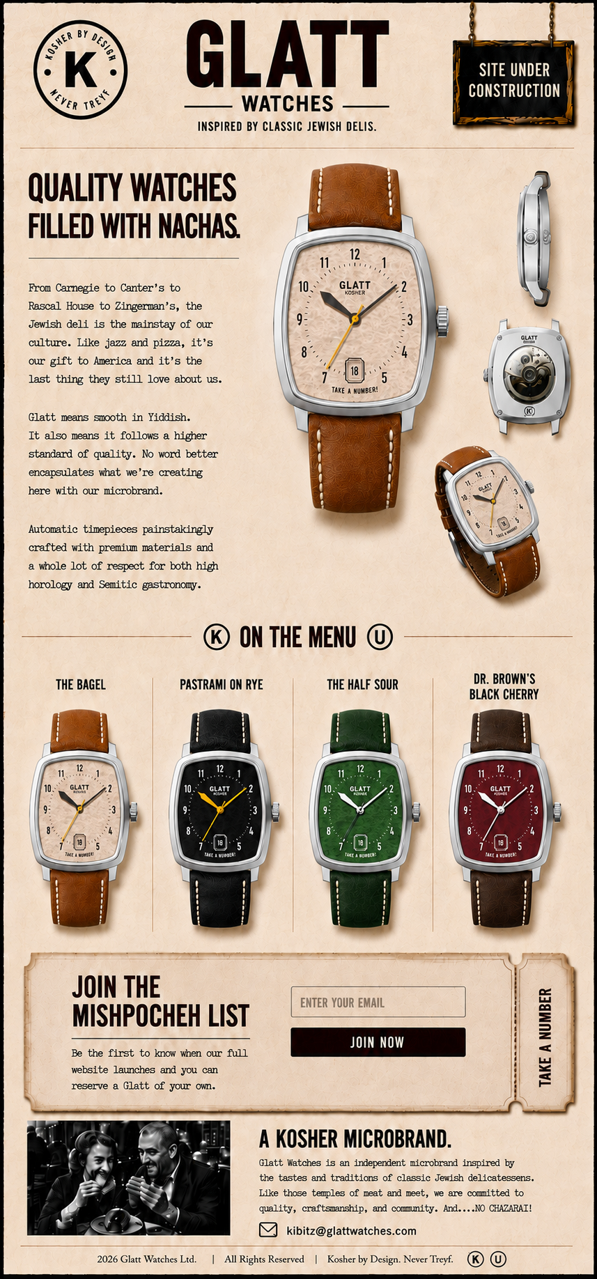 Glatt Watches coming-soon page featuring The Bagel, Pastrami on Rye, The Half Sour, and Dr. Brown's Black Cherry watches